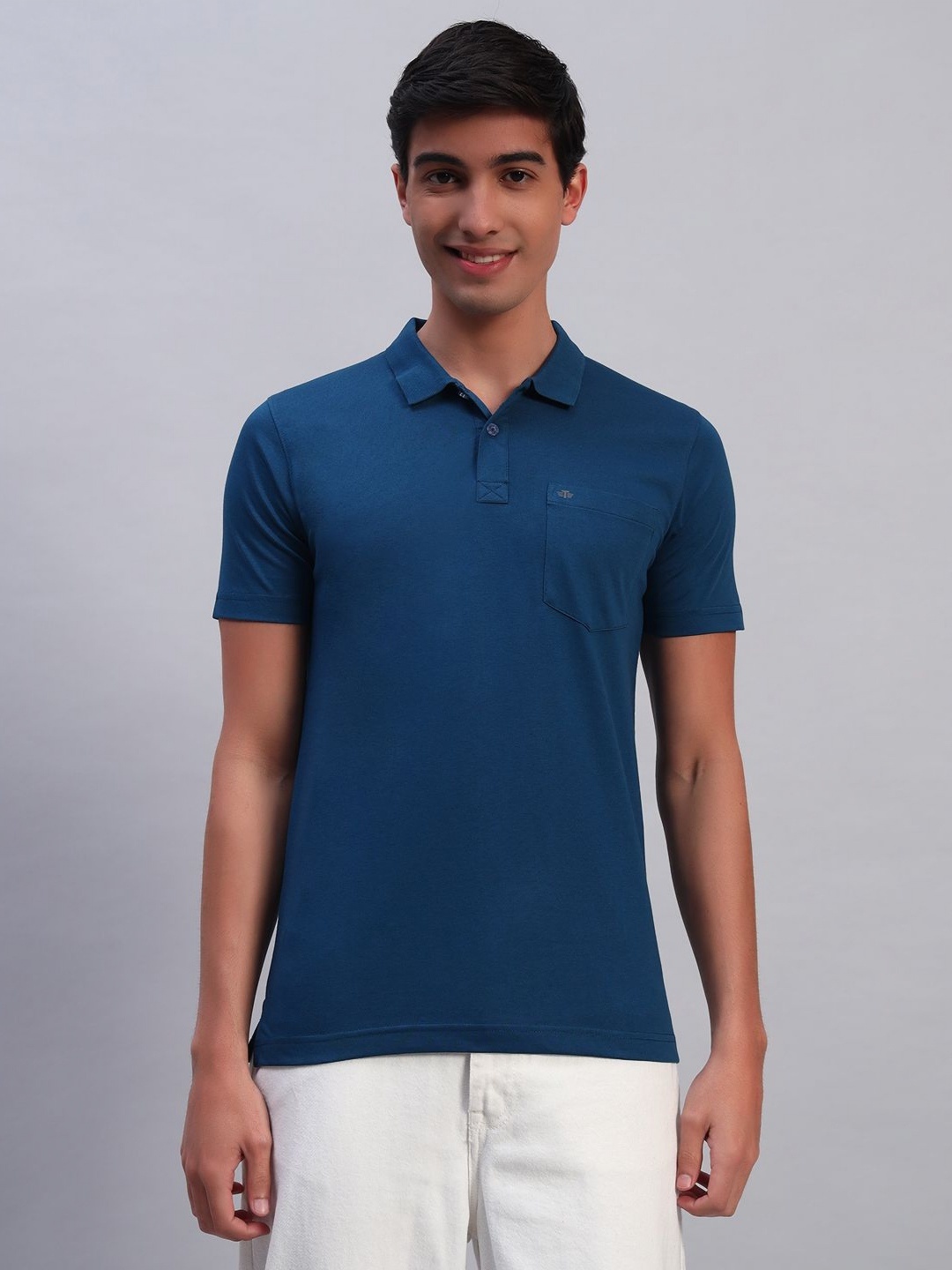 

TMO Men Solid Polo Collar Cotton T-shirt, Teal