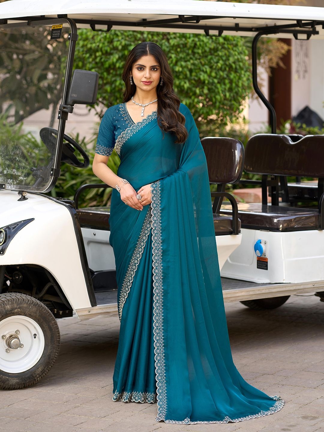 

Meena Bazaar Embroidered Poly Chiffon Saree, Teal
