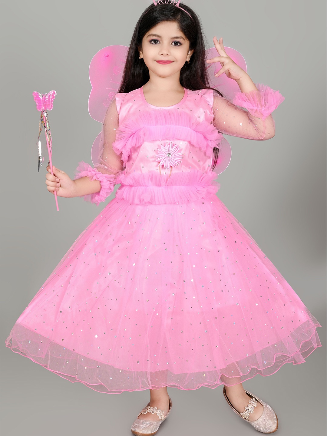 

Zenat Girls Ruffled Net Fit & Flare Midi Dress, Pink