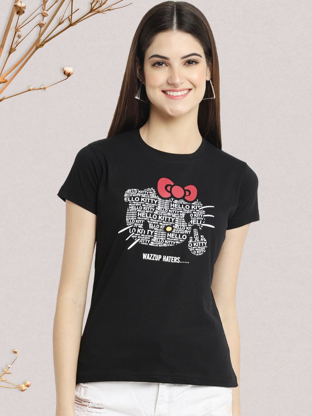 

Dreambe Women Typography Printed Round Neck Short Sleeve Pure Cotton Casual T-Shirt, Black