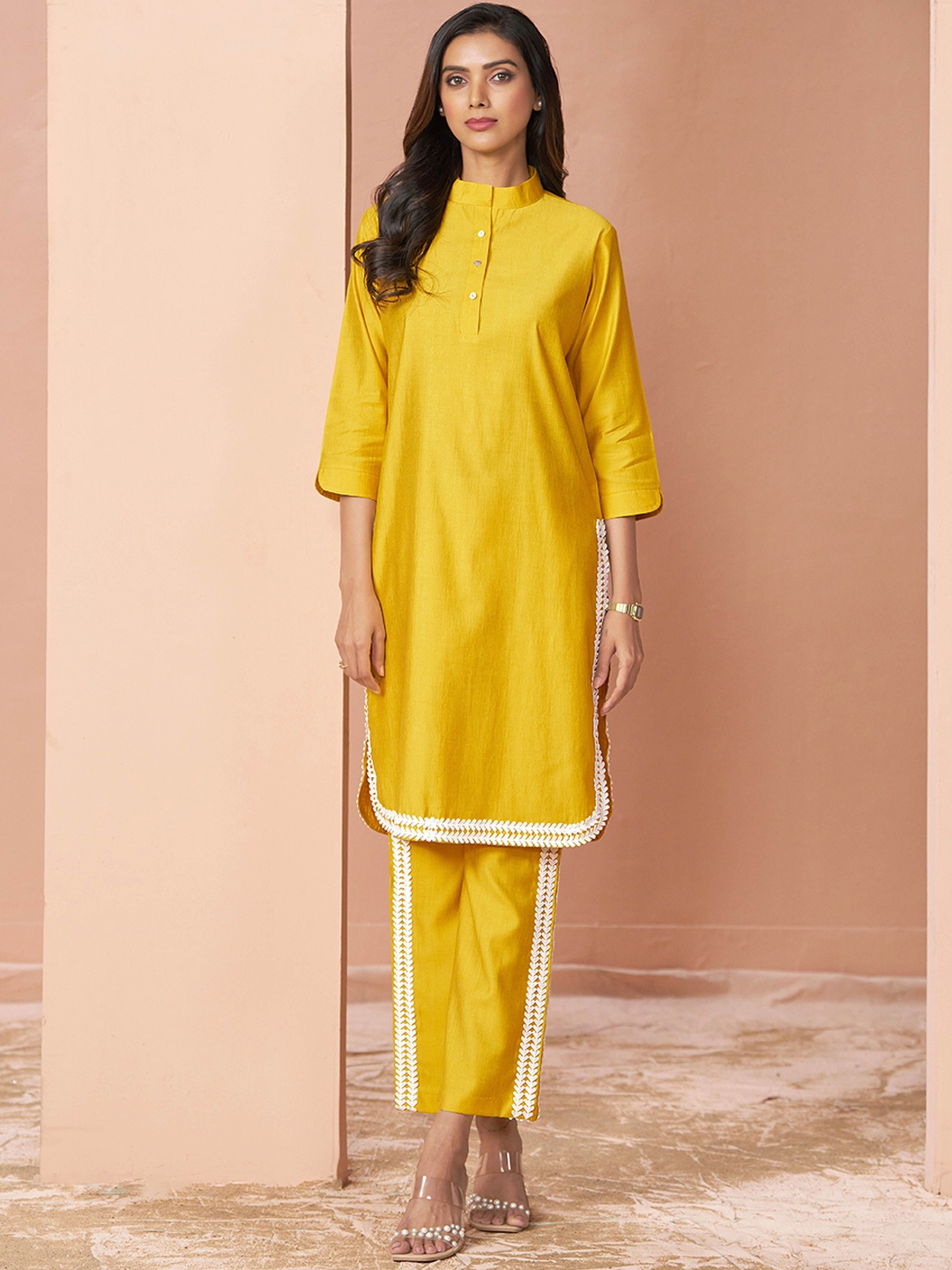 

Sangria Band Collar Pure Silk Straight Kurta With Trousers, Yellow