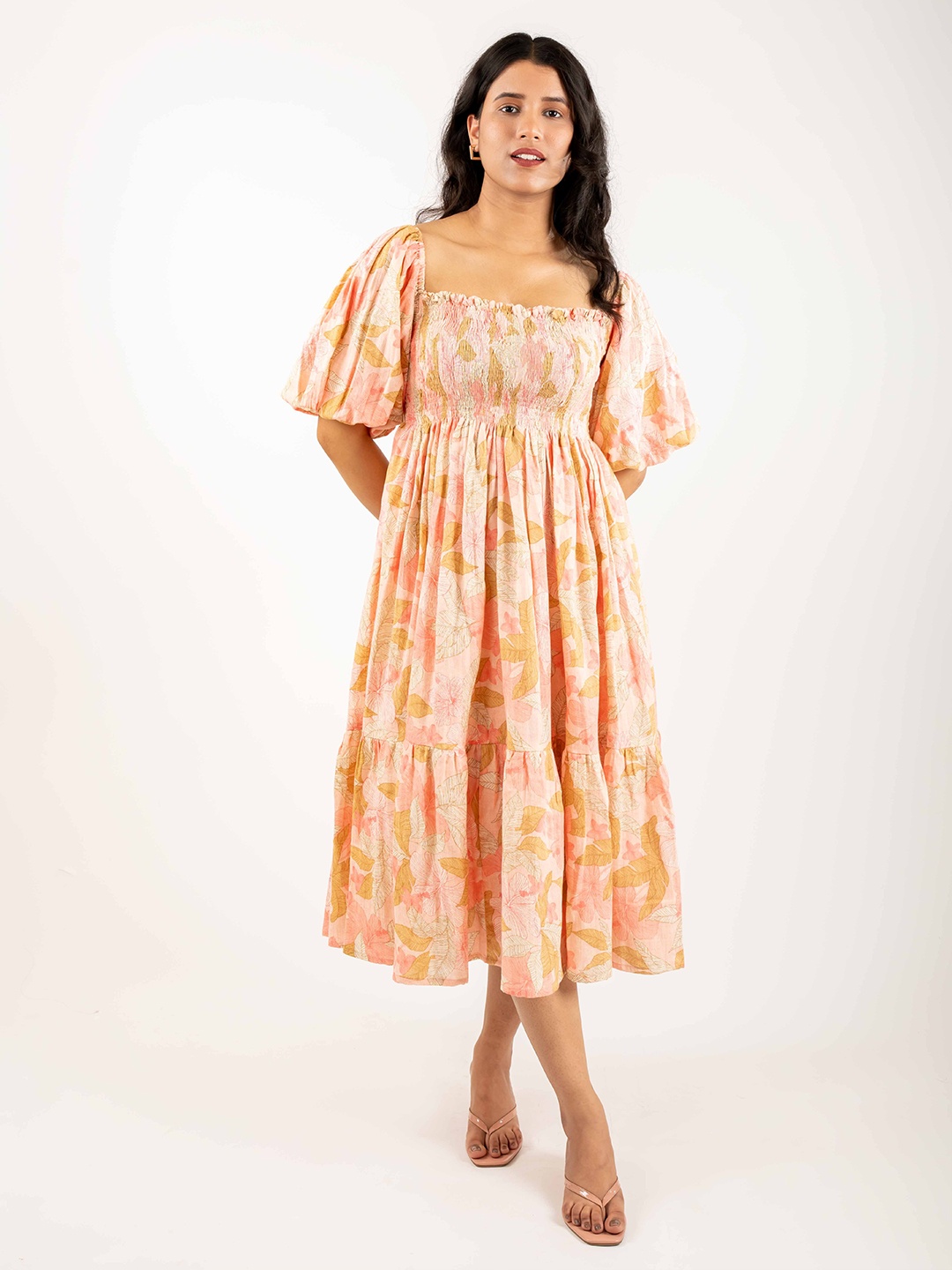 

Monomee Women Floral Printed Square Neck Bishop Sleeves Midi Fit & Flare Dress, Pink