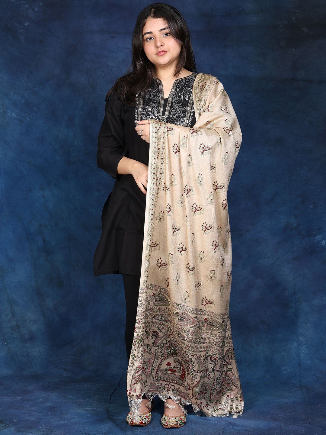 

Exotic India Madhubani Art With Printed Wedding Palanquin and Peacocks Dupatta, Beige
