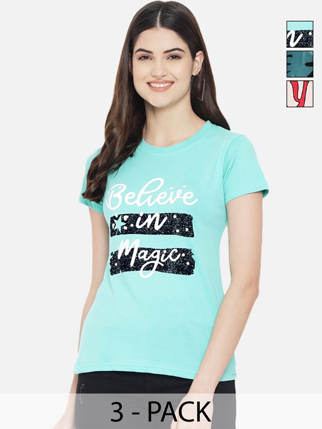 

Dreambe Pack Of 3 Typography Printed Round Neck Short Sleeves Cotton T-shirt, Blue