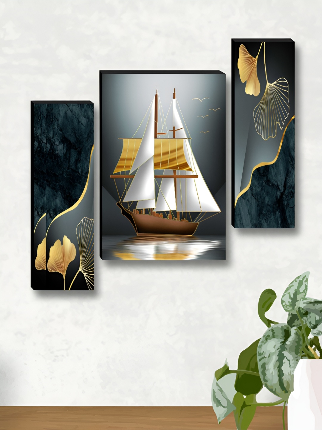 

Myntra Elegant Homes Grey & Gold-Toned 3 Pieces Ship Synthetic Wooden Wall Paintings