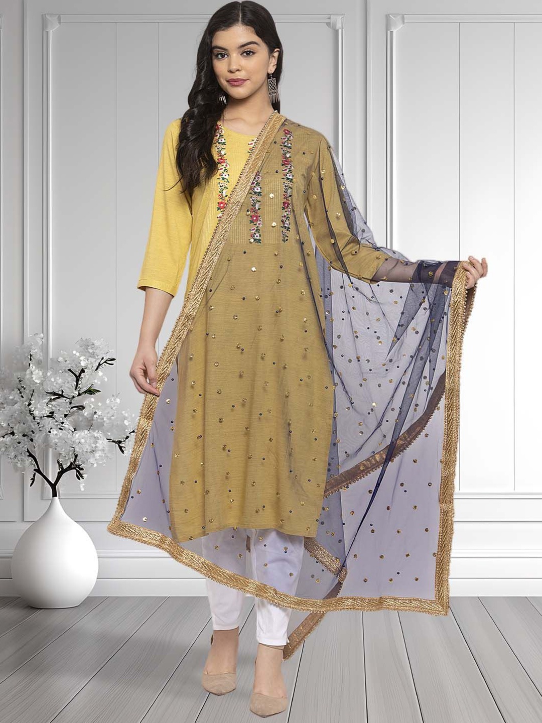

Moda Rapido Floral Embroidered Beads And Stones Dupatta, Navy blue