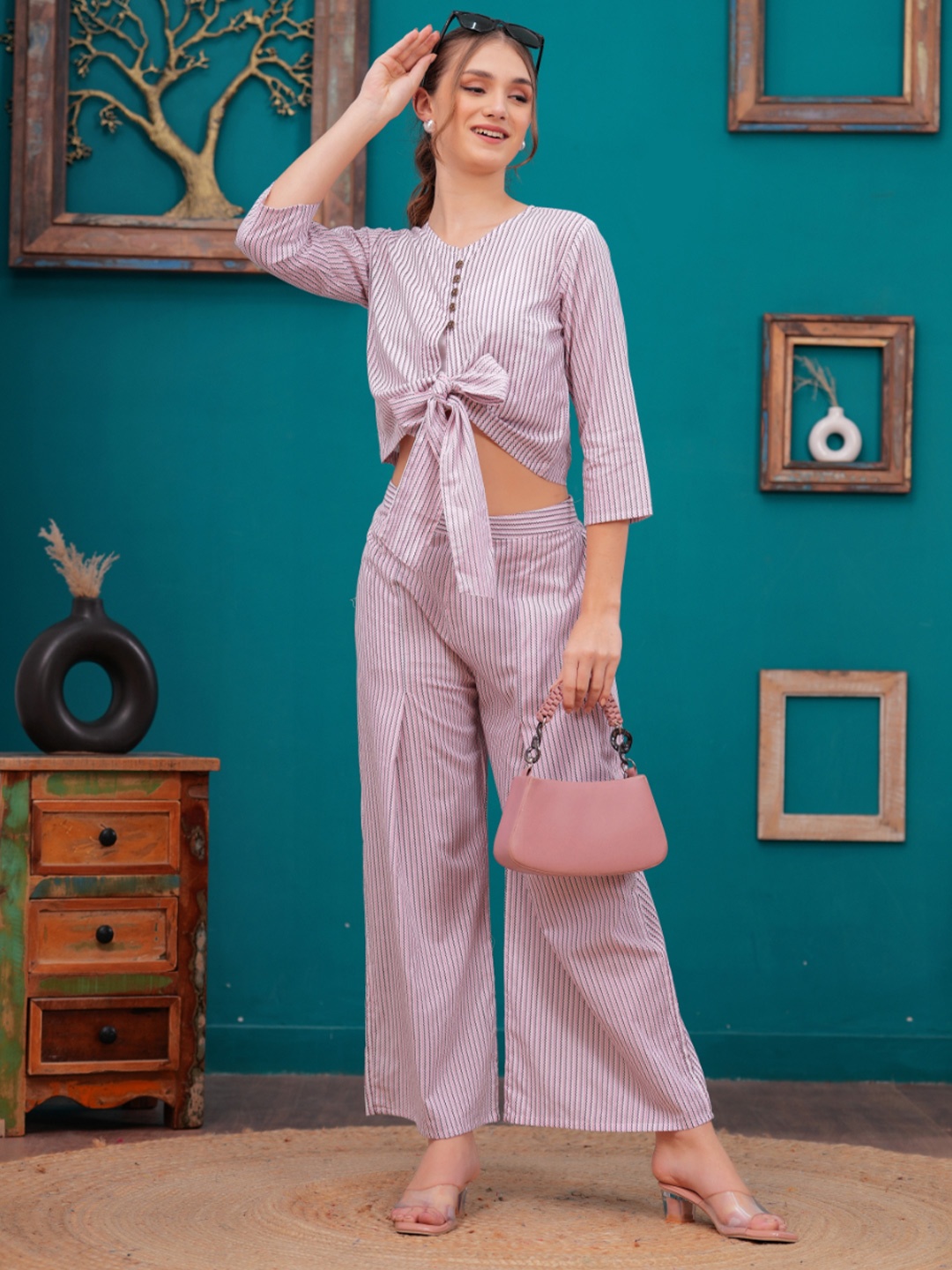 

JC4U Women Printed V-Neck Three-Quarter Sleeves Pure Cotton Top With Trouser, Pink