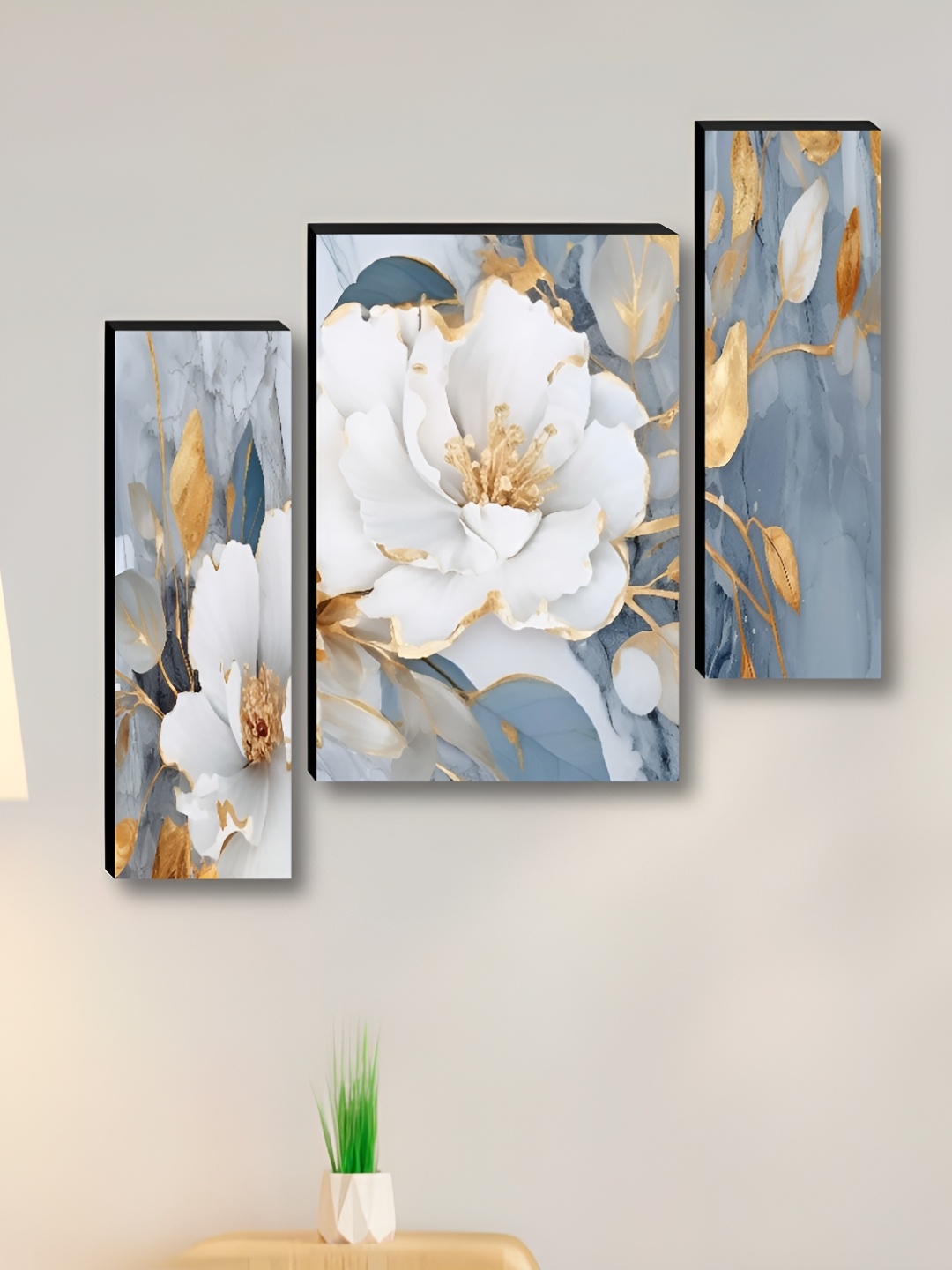 

Myntra Elegant Homes Grey & White 3 Piece Synthetic Wood Floral Wall Paintings