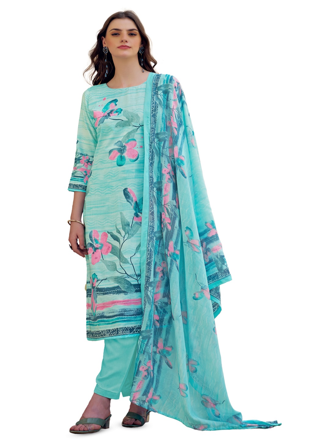 

DRAVINAM Trends Floral Printed Pure Cotton Unstitched Dress Material, Blue