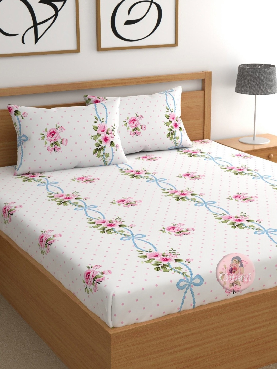 

CHHAVI INDIA White & Blue Floral 210 TC Microfiber Queen Bedsheet Set 2.50 m x 2.25 m