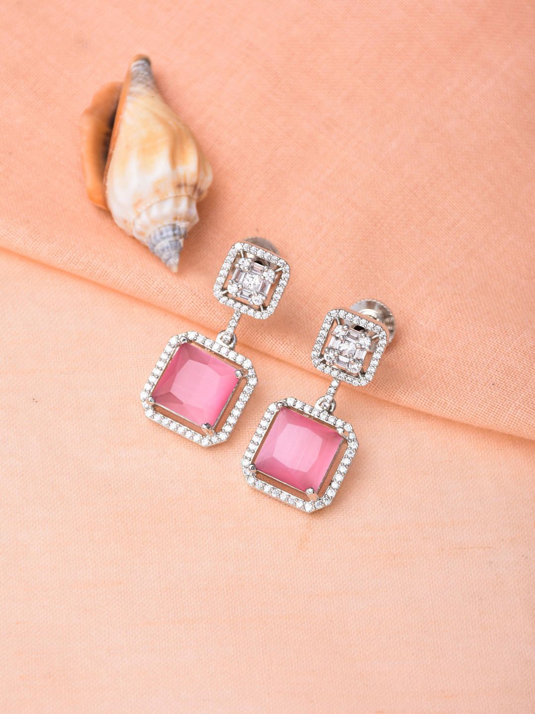 

Reenisaa Rhodium-Plated Cubic Zirconia Geometric Drop Earrings, Pink
