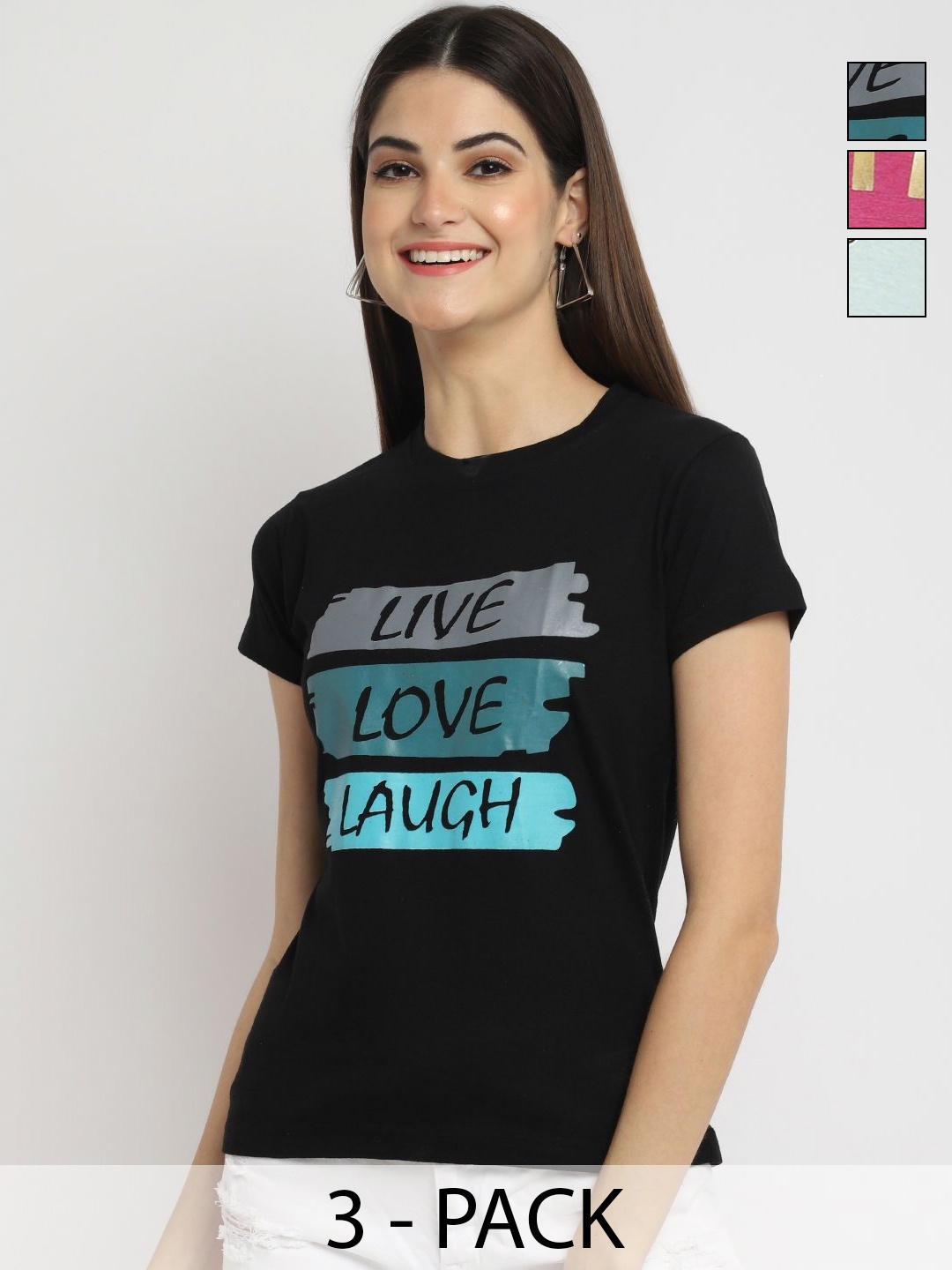 

Dreambe Women Pack of 3 Typography Printed Round Neck Cotton T-shirts, Black