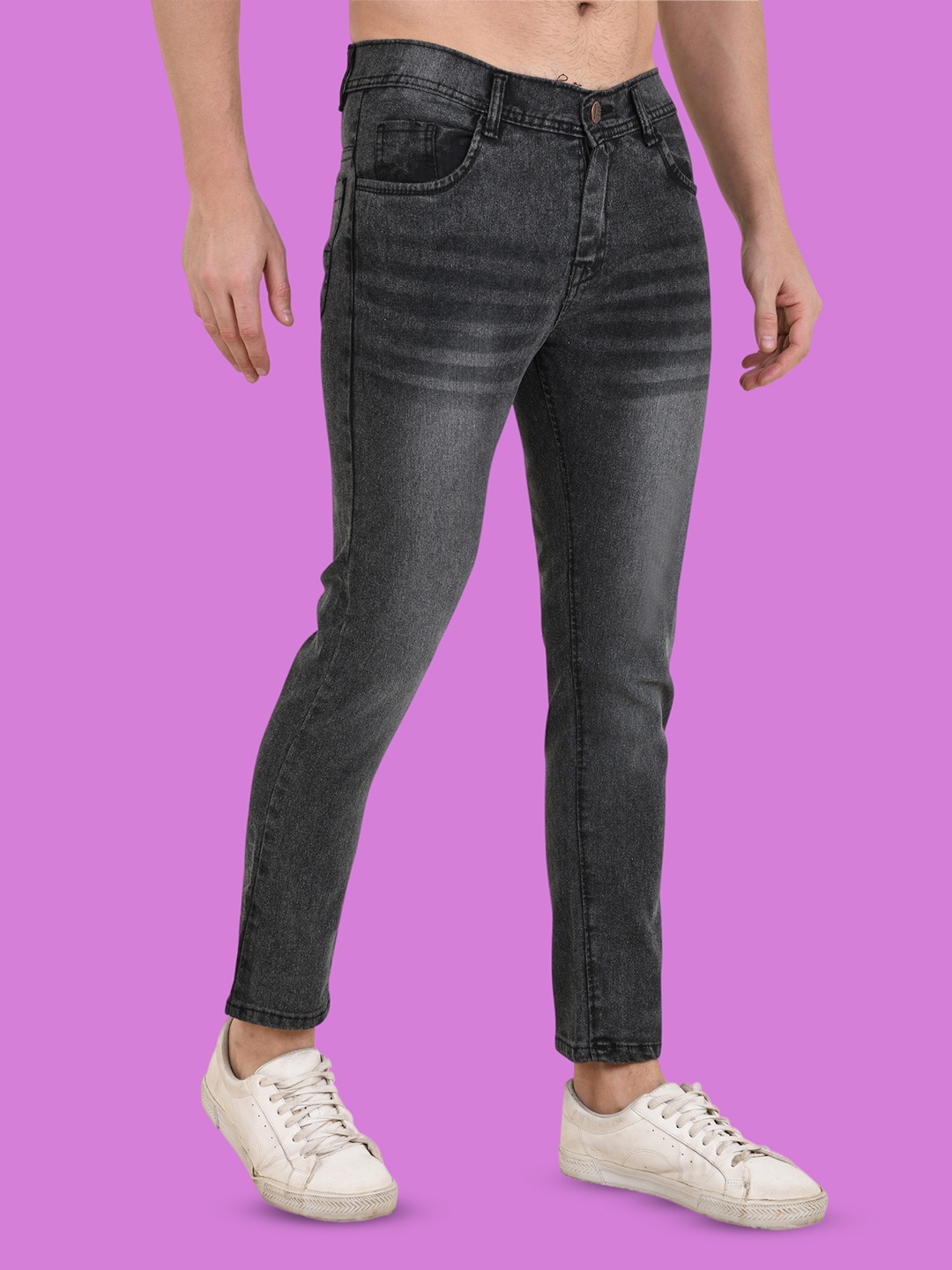 

COMFITS Men Regular Fit Mid-Rise Classic Low Distress Heavy Fade Stretchable Jeans, Grey