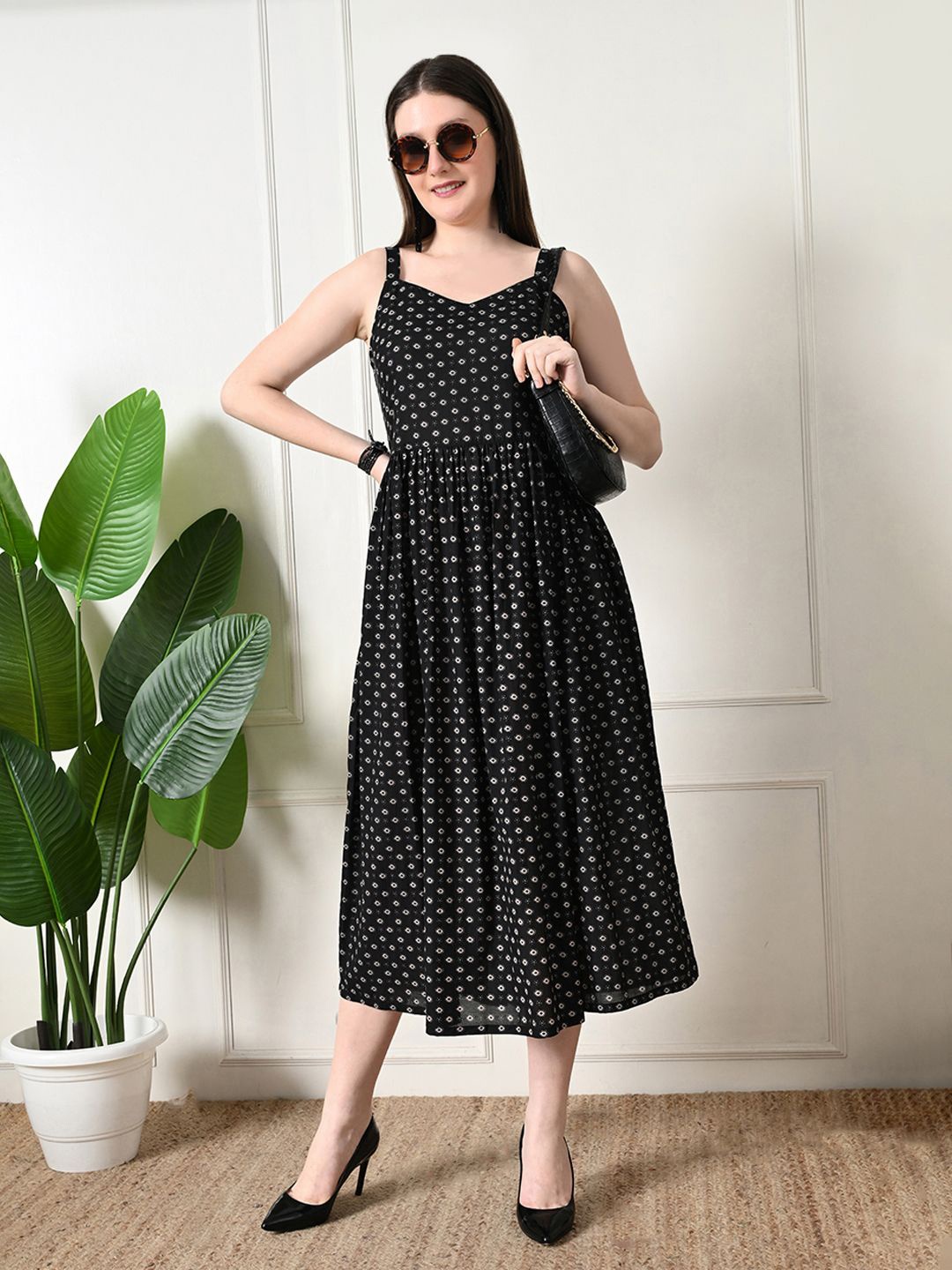 

Kalini Women Geometric Printed Shoulder Straps Neck Midi Fit & Flare Dress, Black