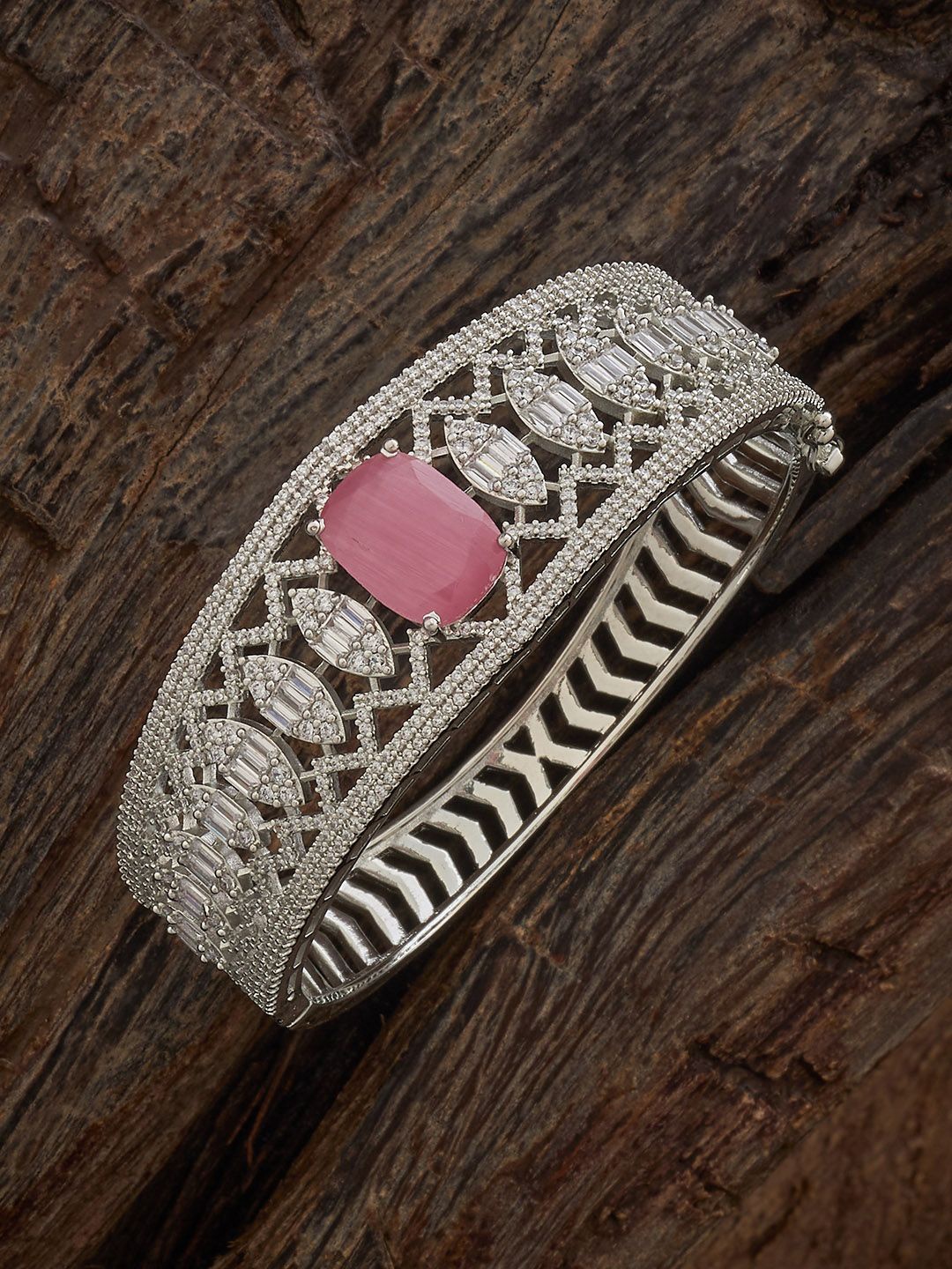 

Kushal's Fashion Jewellery Rhodium Plated Pink Cubic Zircon Studded Kada Bangle, Silver