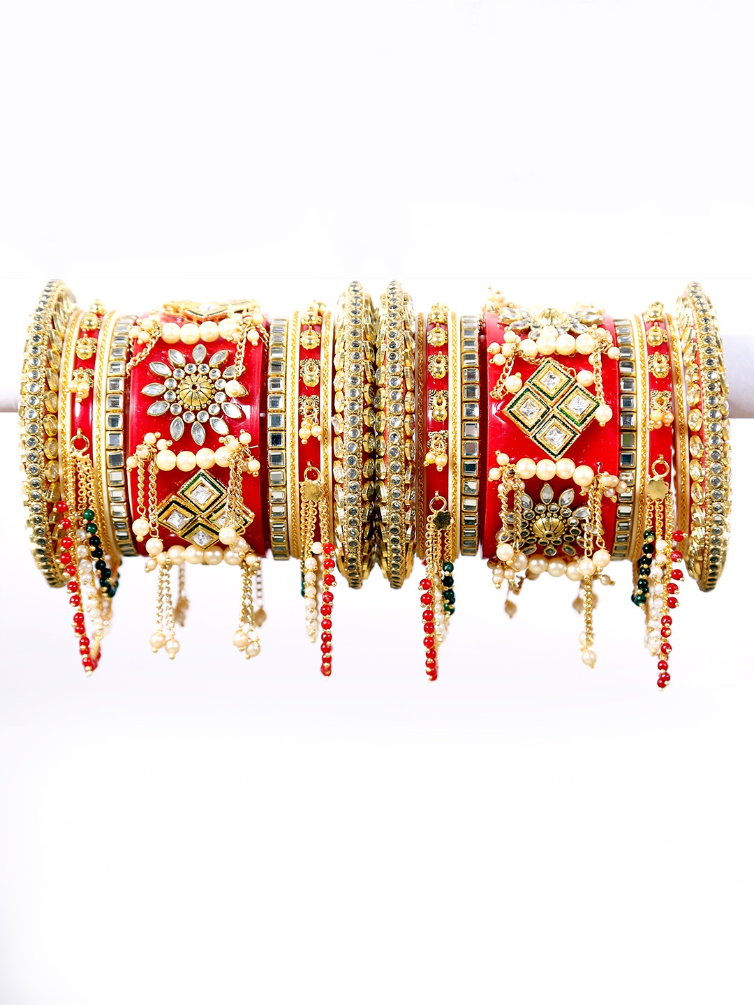

Zindura Set Of 2 Gold-Plated Stone-Studded & Beaded Chuda Bangles