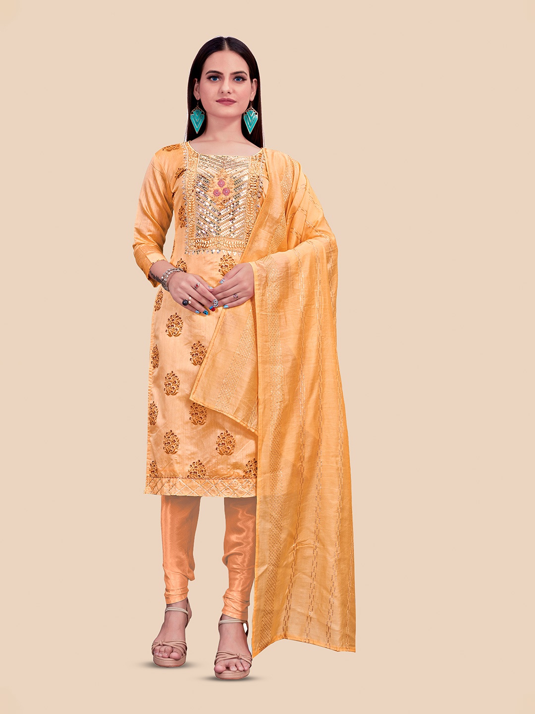 

Maroosh Floral Printed Embellished Chanderi Unstitched Dress Material, Peach
