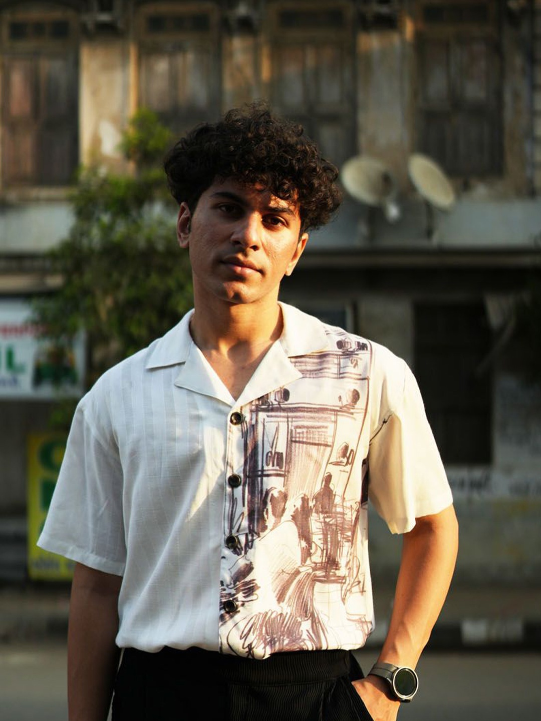 

Big Bunny Abstract Printed Sailor Collar Vintage Inspired Oversized Cotton Shirt, White