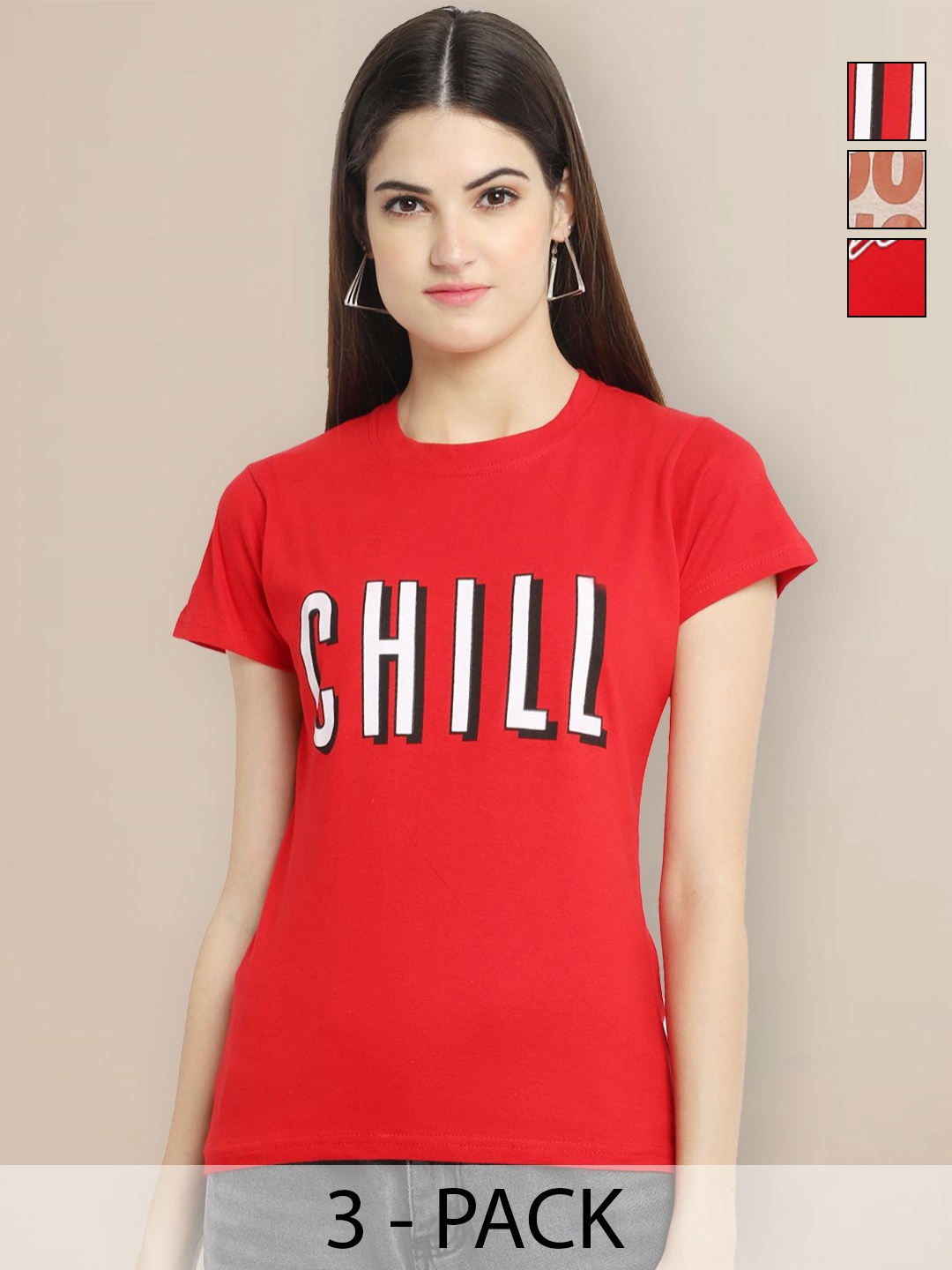 

Metronaut Pack Of 3 Typography Printed Round Neck Short Sleeves Cotton T-shirt, Red