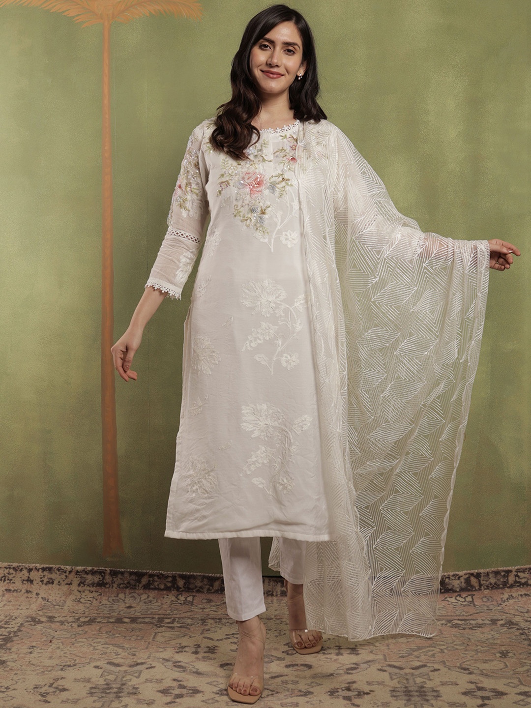 

SRIHA Floral Embroidered Thread Work Straight Kurta With Trousers & Dupatta, White