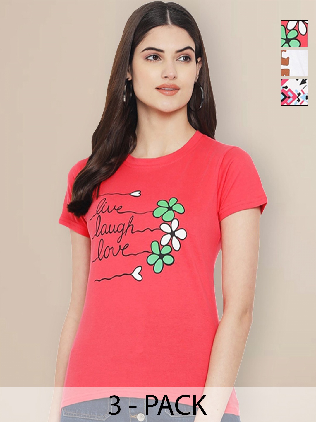 

Metronaut Women Pack of 3 Typography Printed Round Neck Cotton T-shirts, Pink