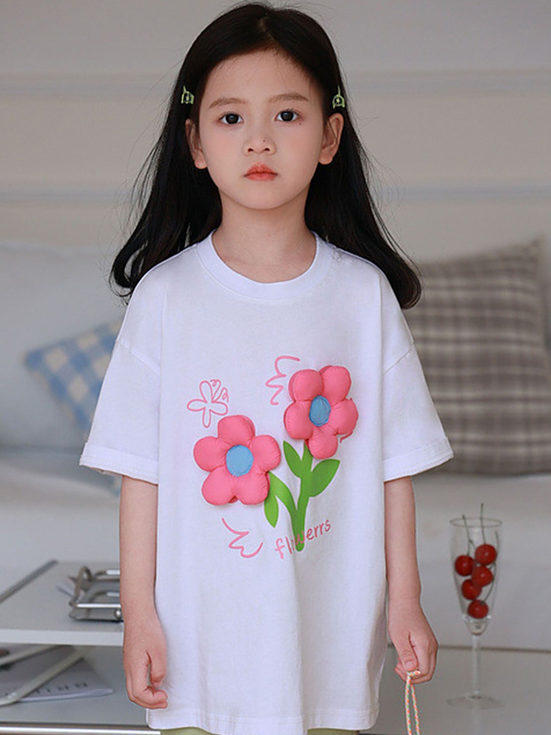 

LULU & SKY Girls Floral Printed Round Neck Cotton Oversized T-shirt, White