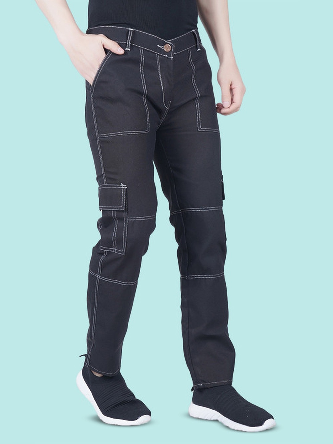 

COMFITS Men Classic Regular Fit Mid-Rise Stretchable Cargo Styles Jeans, Black