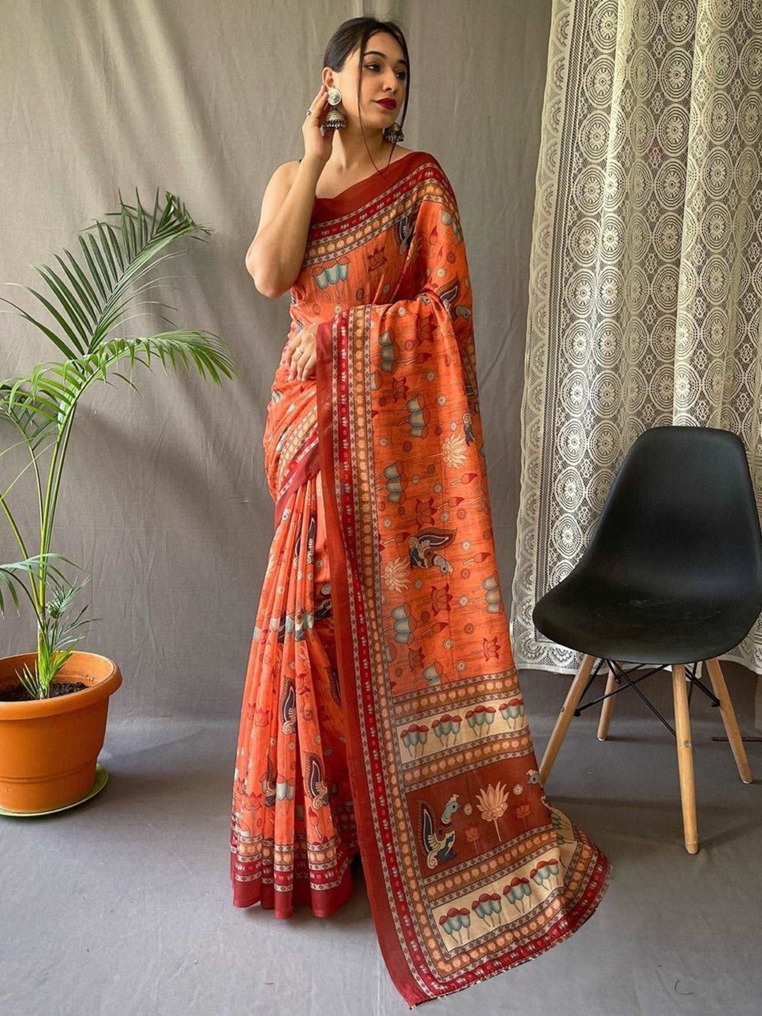 

Sarvada Kalamkari Printed Pure Cotton Saree, Orange