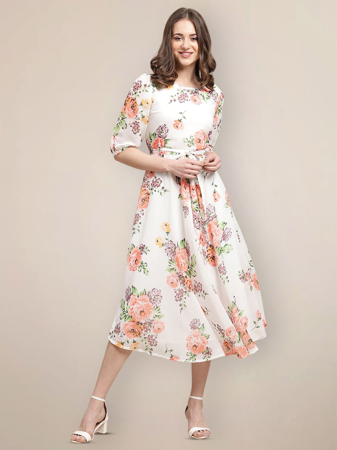 

Metronaut Floral Print Georgette Fit & Flare Midi Dress, White