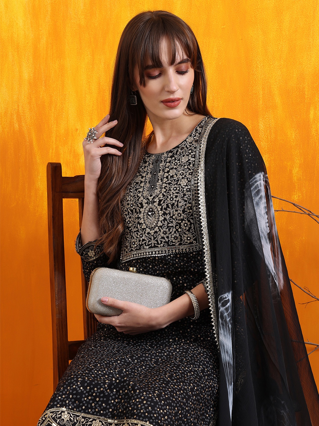 

KALINI Bandhani Embroidered Sequinned Pure Cotton Straight Kurta with Trousers & Dupatta, Black