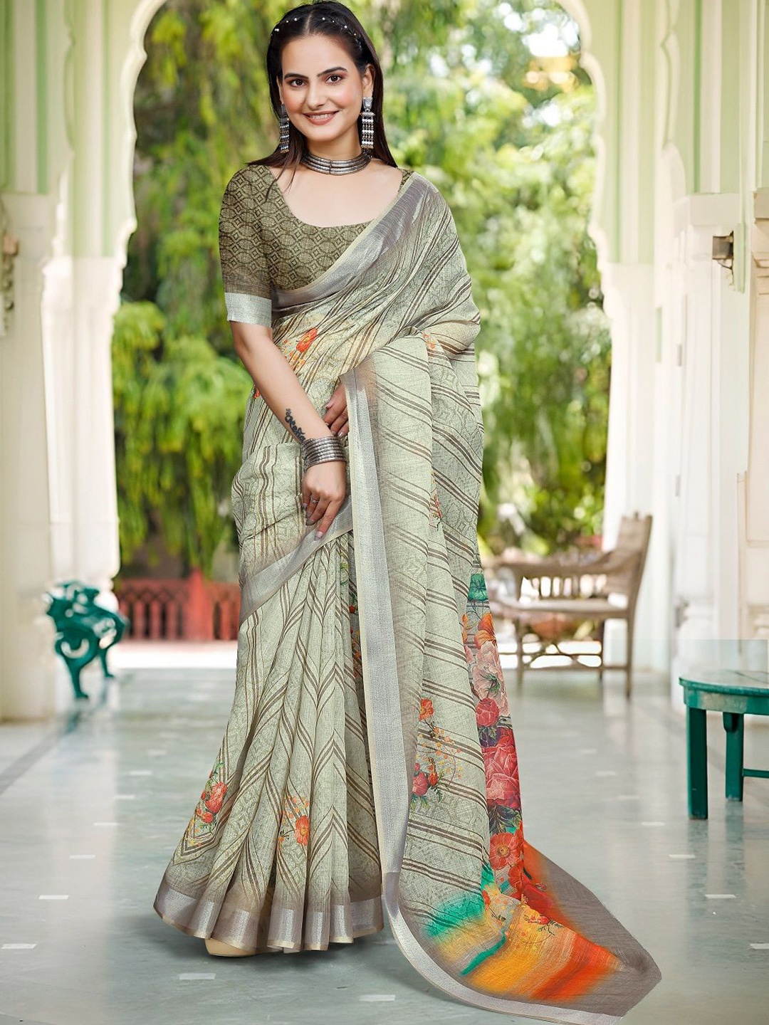 

Sarvada Floral Printed Pure Cotton Saree, Green