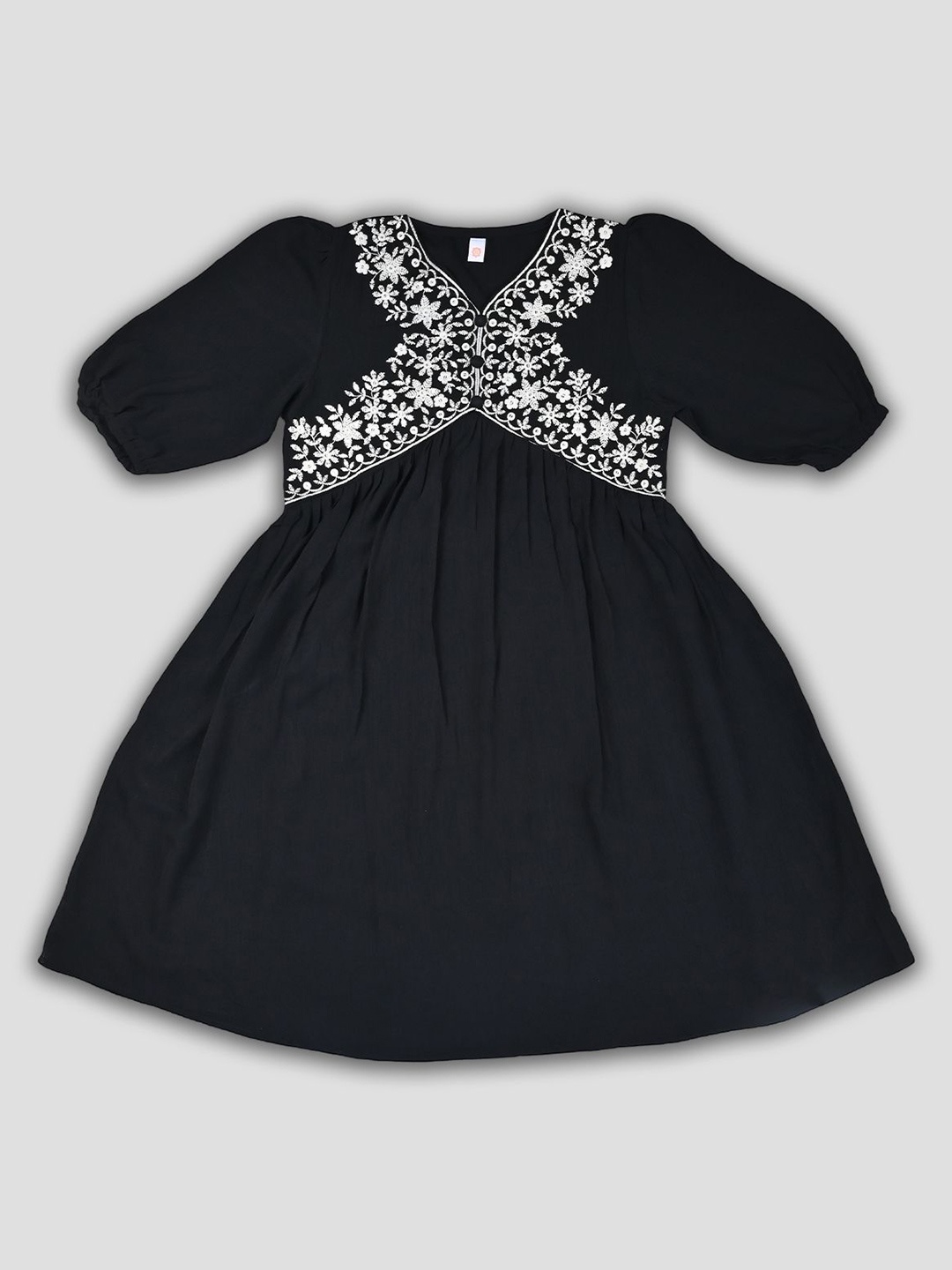 

we11 Girls Embroidered V-Neck Puff Sleeve Fit & Flare Dress, Black