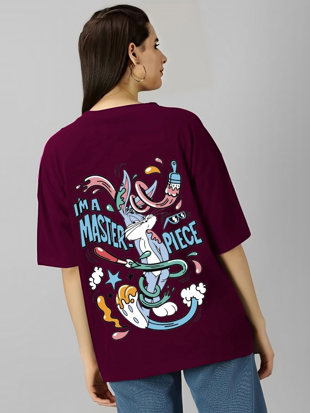 

kintu parantu Women Graphic Printed Round Neck Cotton Oversized T-shirt, Maroon