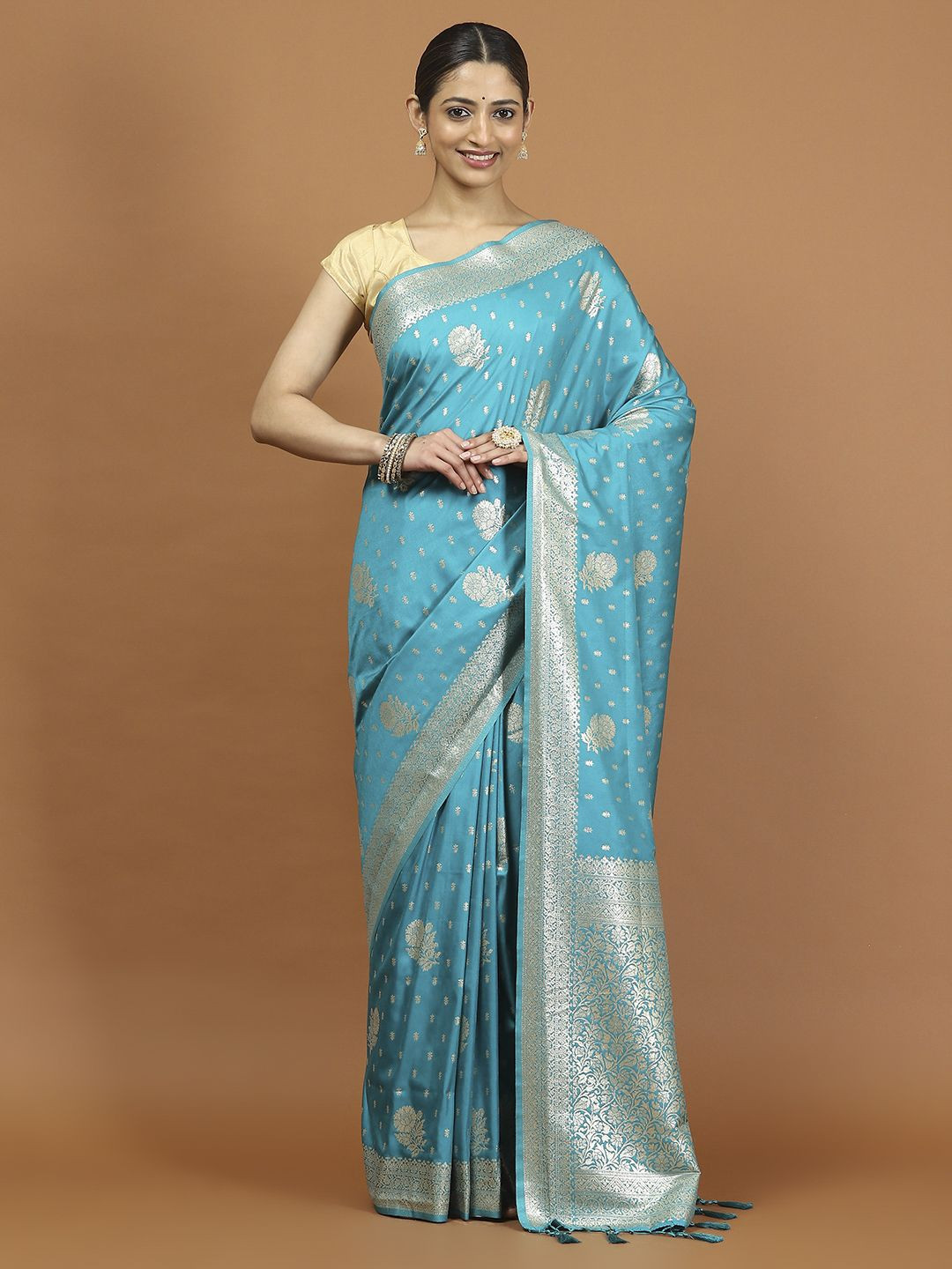 

Meena Bazaar Ethnic Motifs Woven Design Zari Saree, Blue