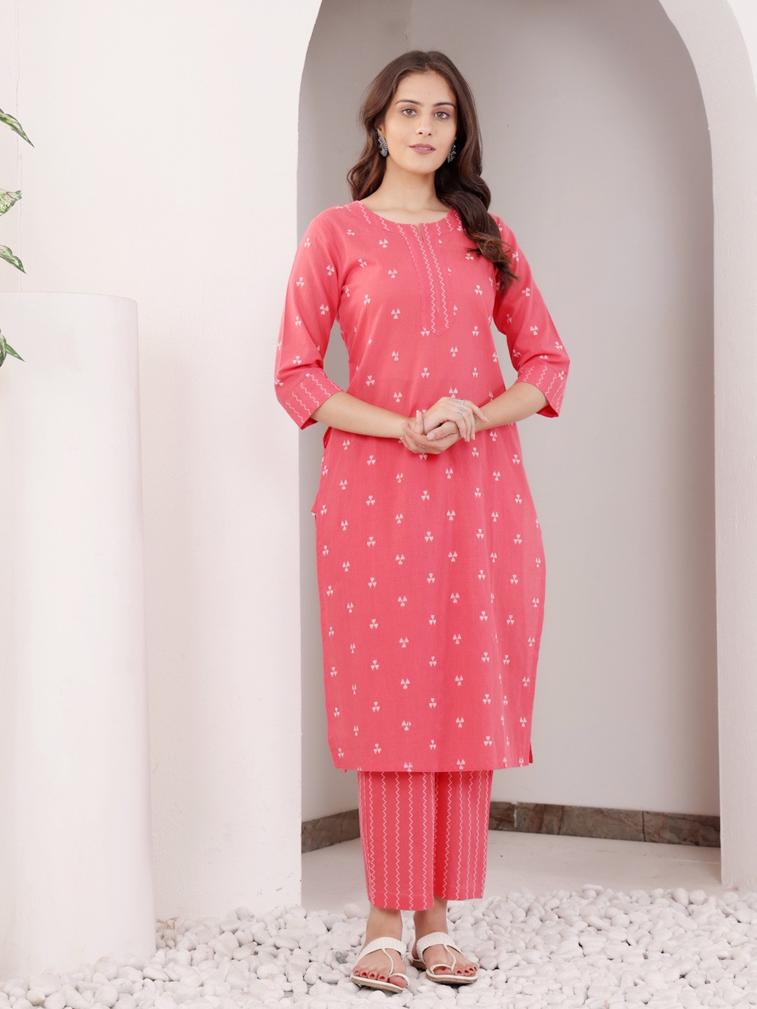 

SAVI Round Neck Geometric Woven Design Pure Cotton Straight Kurta with Trousers, Peach