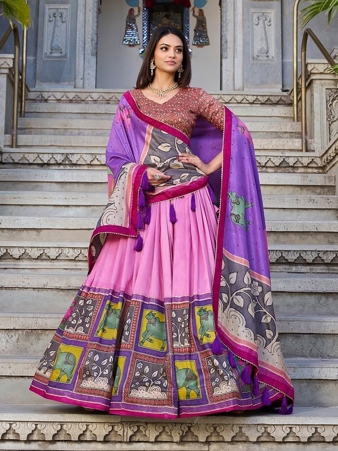 

RADHVI BIZ Printed Kalamkari Ready to Wear Lehenga & Semi-Stitched Blouse With Dupatta, Pink
