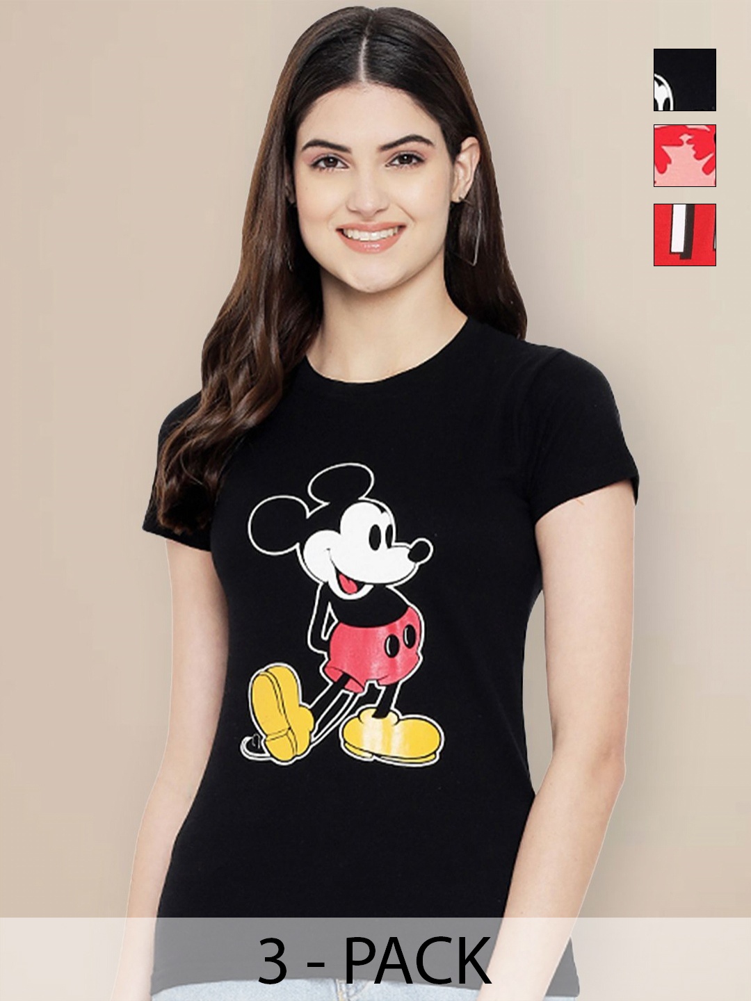 

Metronaut Women Pack of 3 Mickey Mouse Typography Printed Round Neck Cotton T-shirts, Black