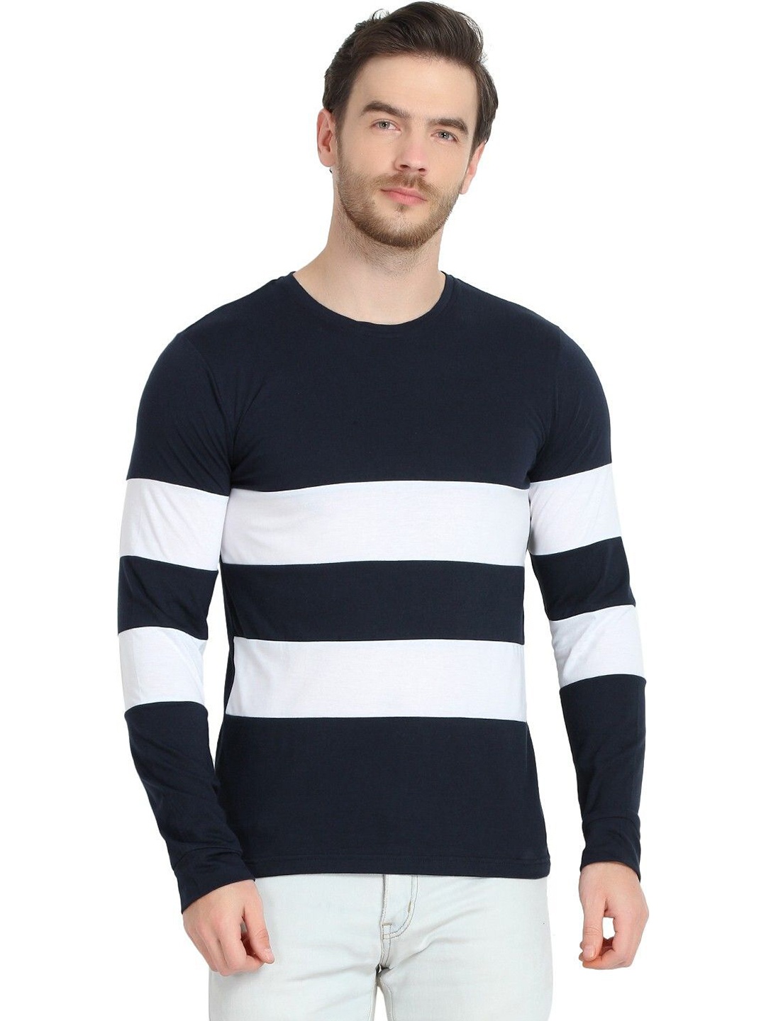 

Unicus Apparel Men Striped Round Neck Cotton T-shirt, White