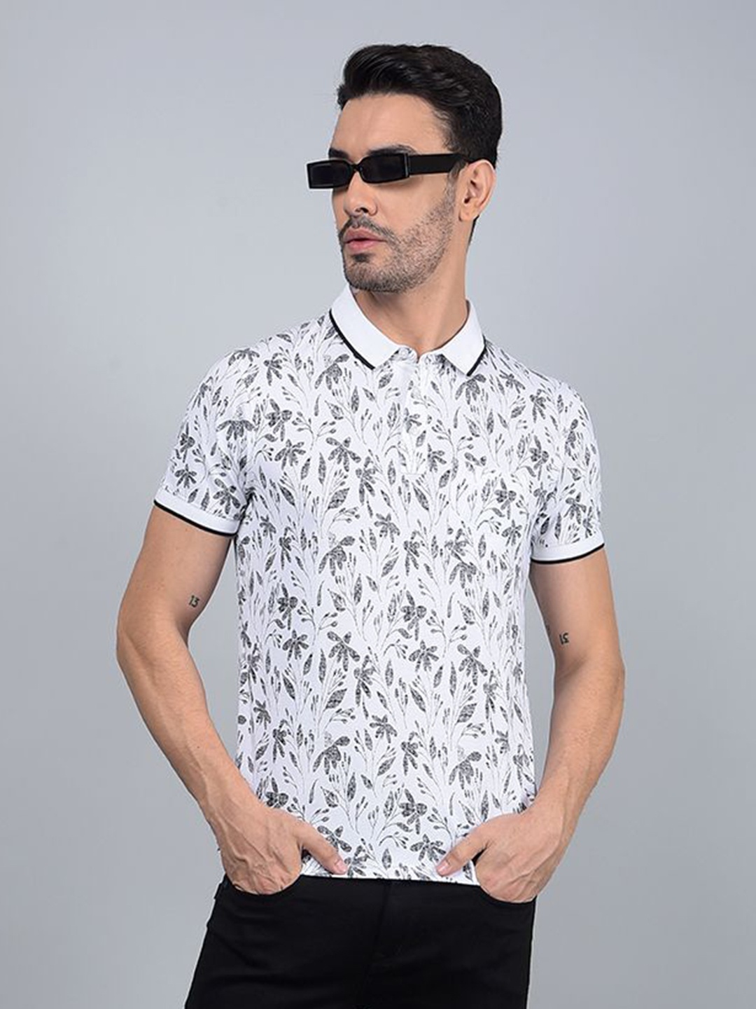 

Crimsoune Club Men Floral Printed Polo Collar Cotton T-shirt, White