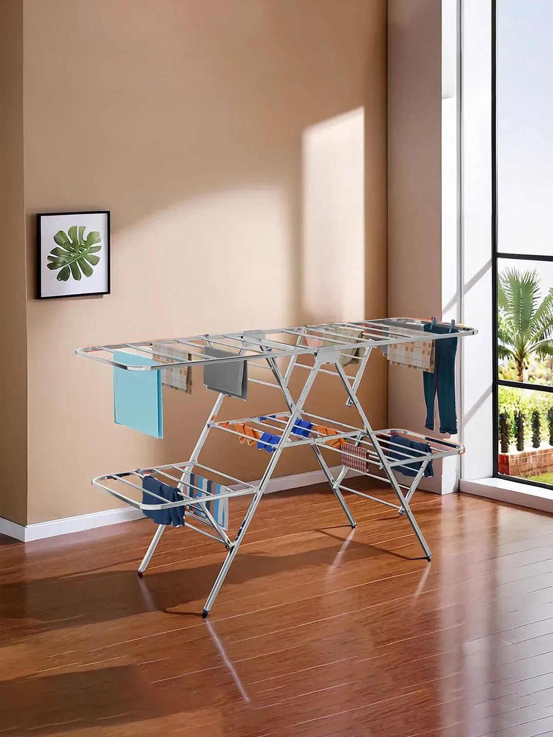 

Kuber Industries Silver-Toned Stainless Steel Double Rack Cloth Stand For Drying Clothes