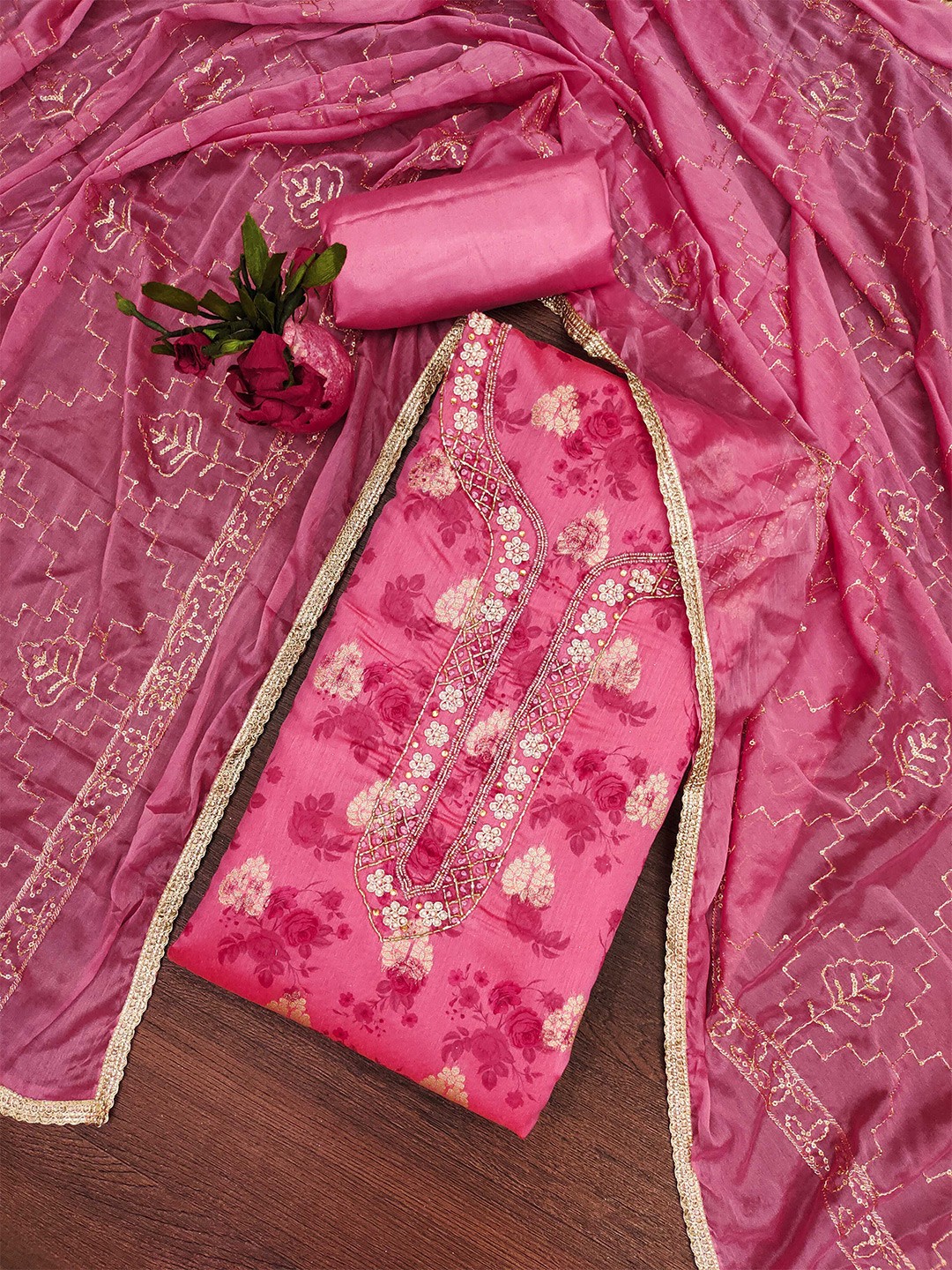

SHADOW & SAINING Floral Woven Design Semi-Stitched Dress Material, Pink