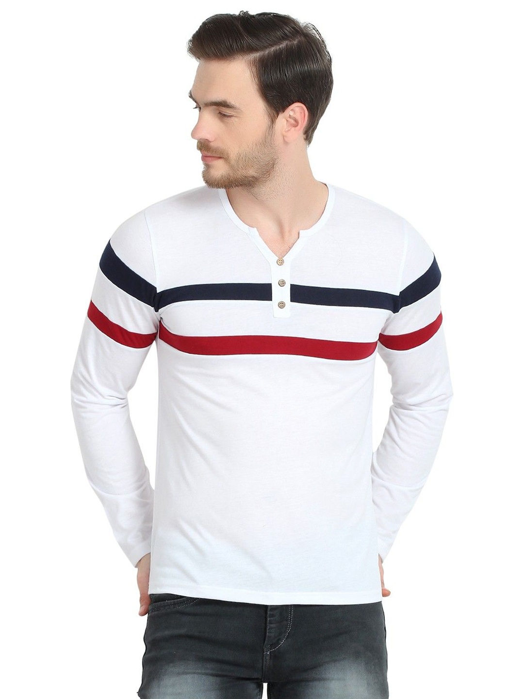 

Unicus Apparel Men Striped Henley Neck Cotton T-shirt, White