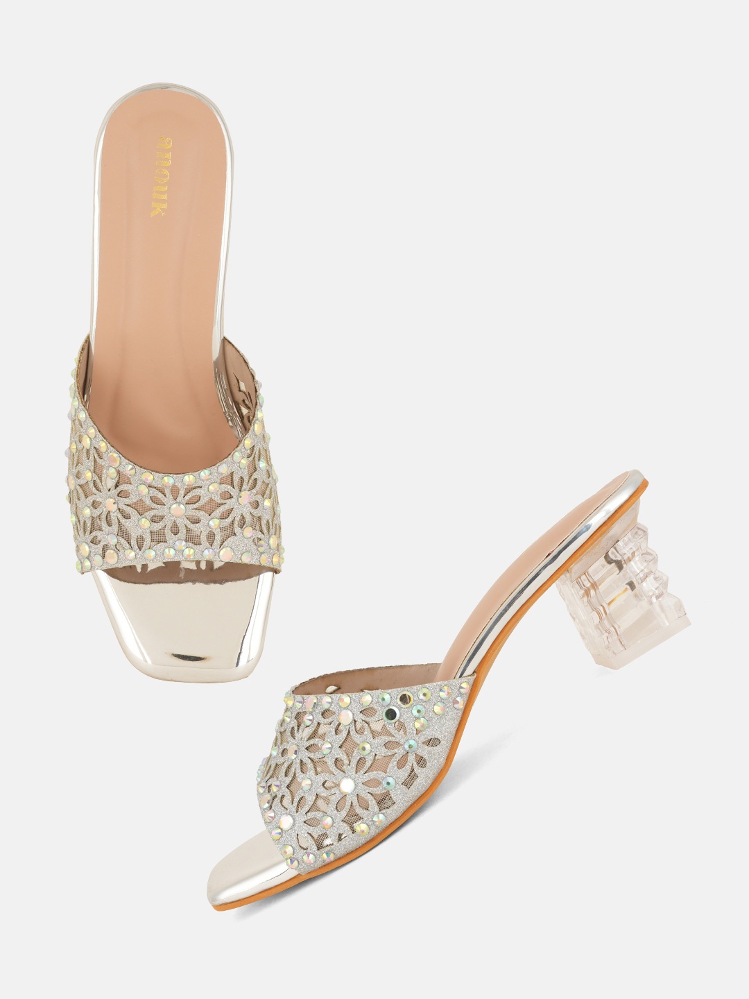 

Anouk Women Embellished PU Party Block Sandals with Laser Cuts, Silver