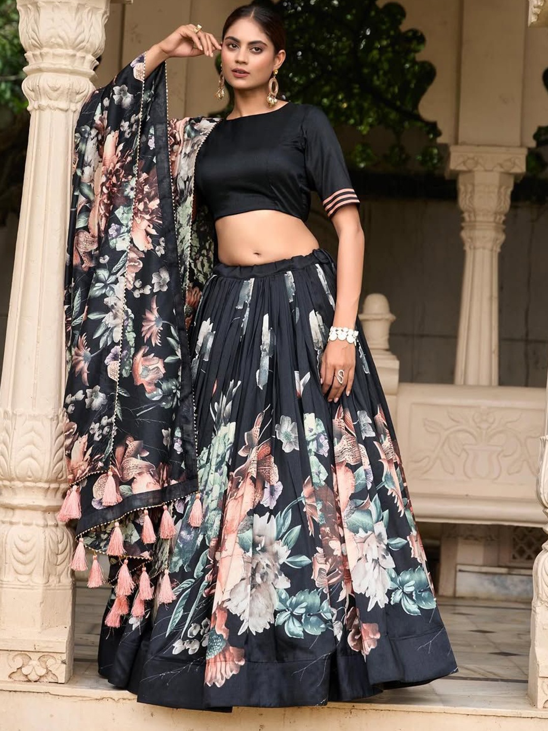 

RADHVI BIZ Floral Printed Silk Ready to Wear Lehenga & Semi-Stitched Blouse With Dupatta, Black