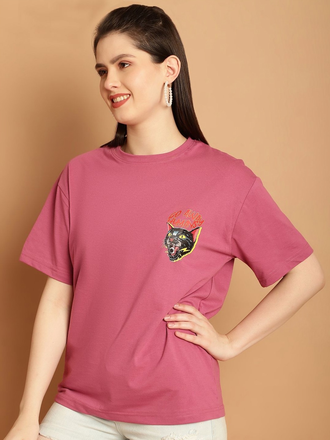 

Tromko Women Graphic Printed Round Neck Cotton Relaxed Fit T-shirt, Pink
