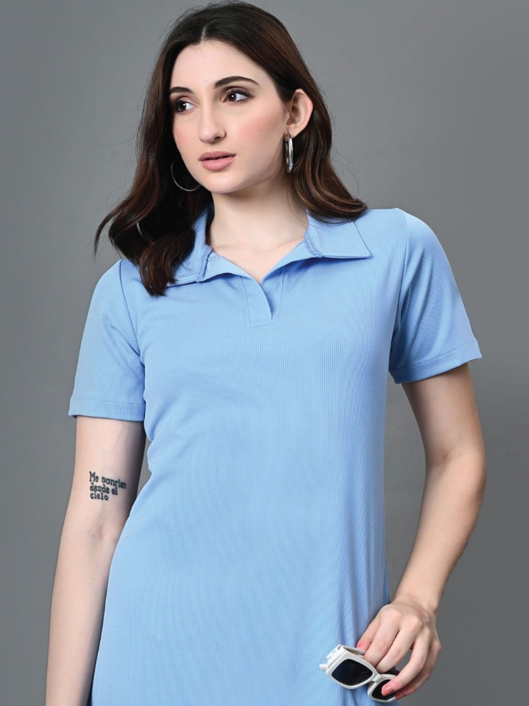 

Dreambe Women Solid Polo Collar Longline T-shirt, Blue