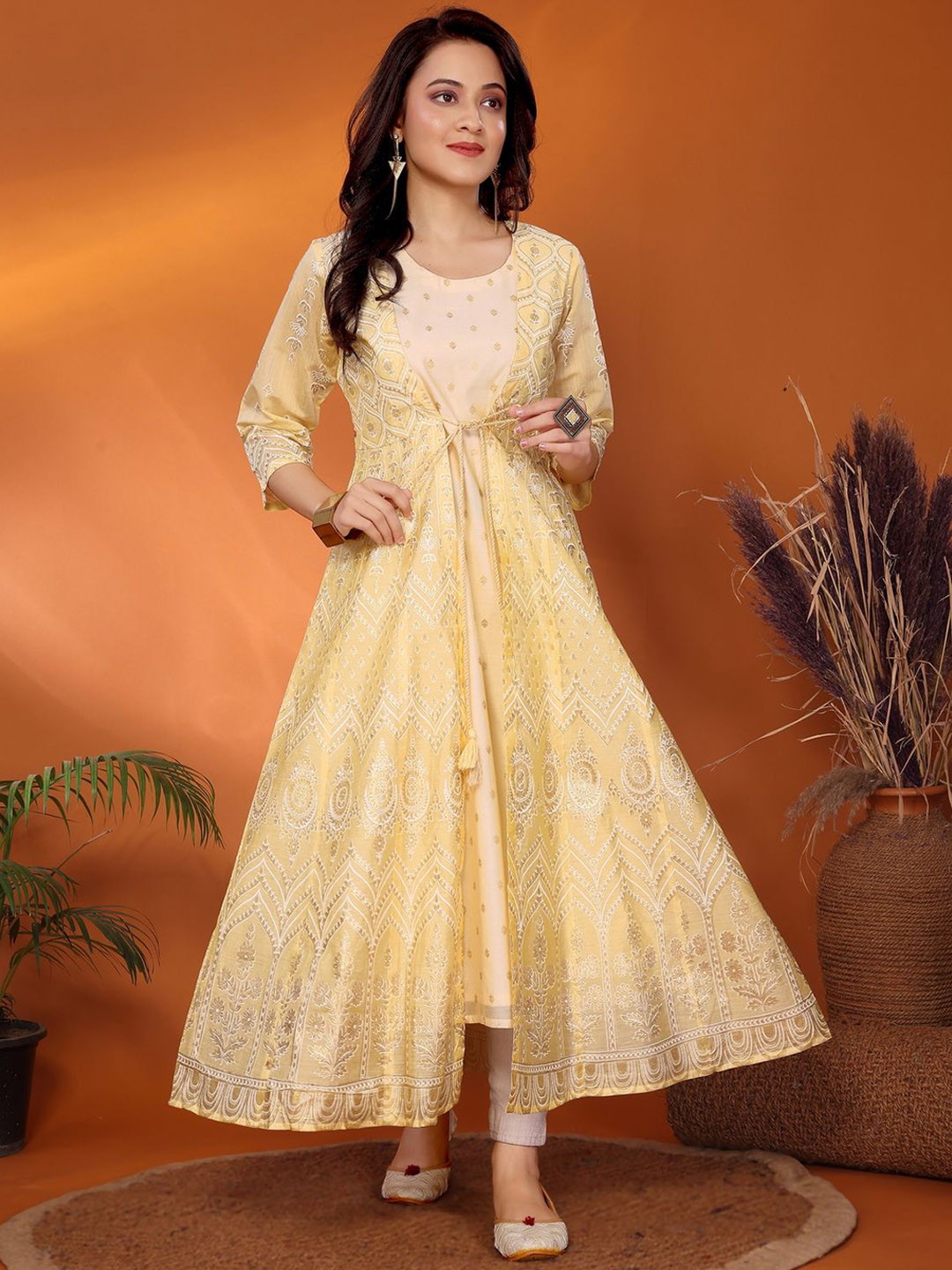 

Rangita Ethnic Motifs Printed Anarkali Kurta With Jacket, Yellow
