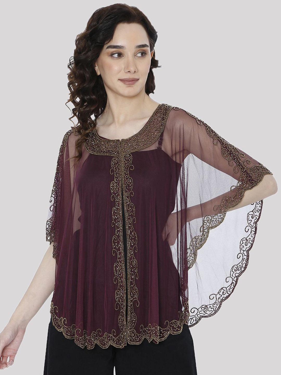 

HAUTEMODA Beads Embroidered Poncho Cape Net Shrug, Maroon