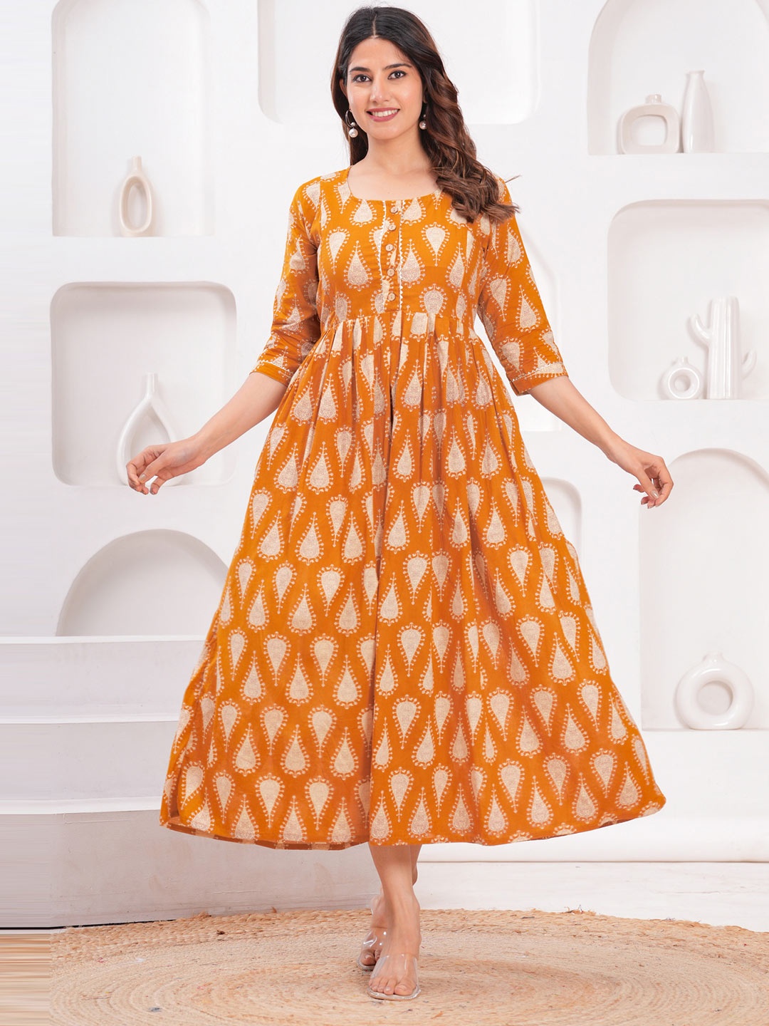 

NITVAN Floral Printed Round Neck Cotton Maternity Ethnic Dress, Yellow