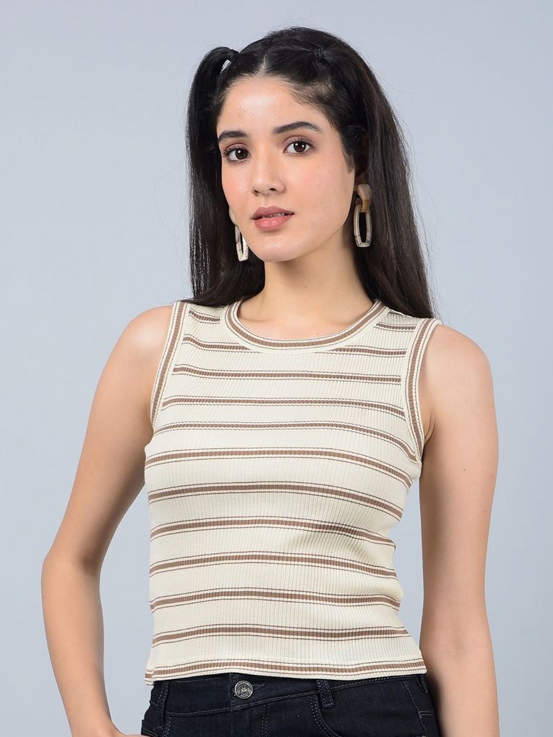

Crimsoune Club Women Striped Round Neck Cotton T-shirt, Beige